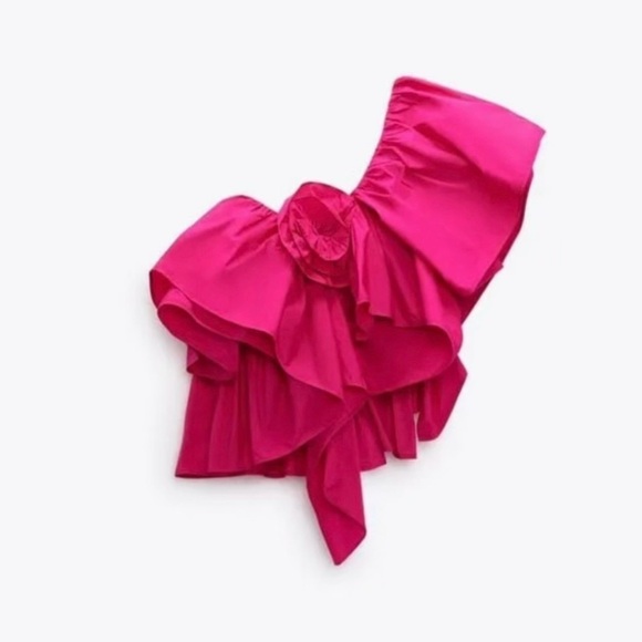 Zara Asymmetrical Pink Fushia One Shoulder Ruffle Top - Picture 5 of 7
